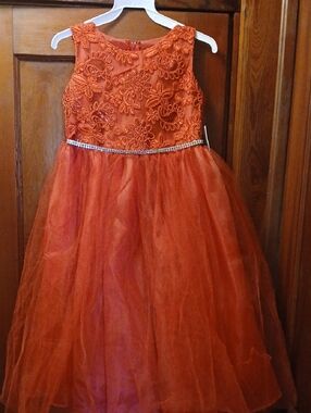 Girls Red Floral Lace & Tulle Party Dress